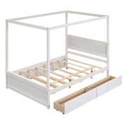 DreamHaus canopy platform bed with built-in drawers, support slats, and no box spring needed, shown in a modern bedroom setting.