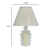 Cream Edith scalloped papier mache flower pleated table lamp by TOV Furniture with a decorative floral design and textured surface.