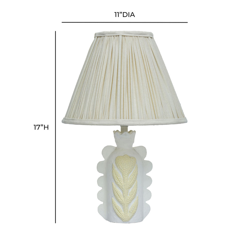 Cream Edith scalloped papier mache flower pleated table lamp by TOV Furniture with a decorative floral design and textured surface.