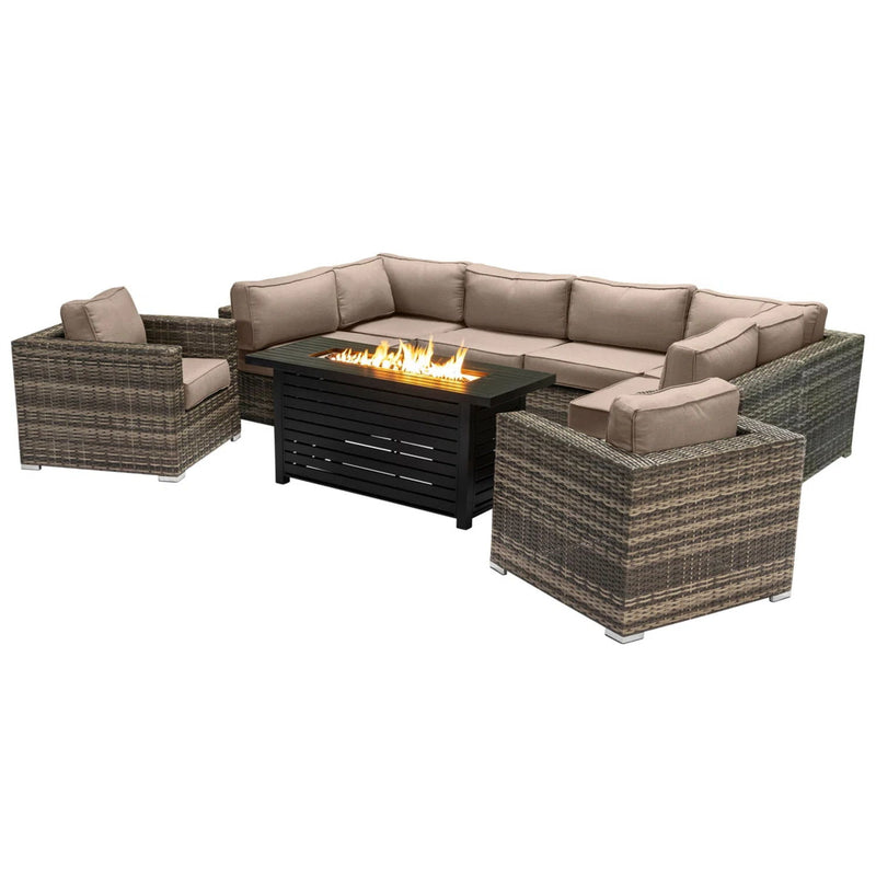 9 Piece Outdoor Sectional Set With Fire Pit Table And Cushions - Beige - R&R Furniture Gallery (Fountain Valley, CA)