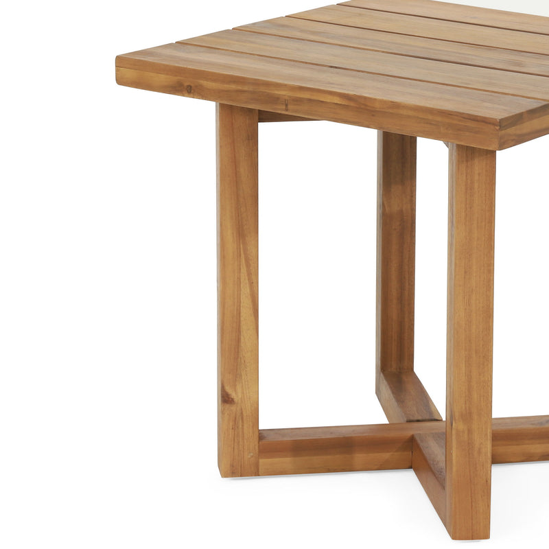 Noble House Ella square side table with a cross stretcher base, featuring a sleek wooden top and modern design.
