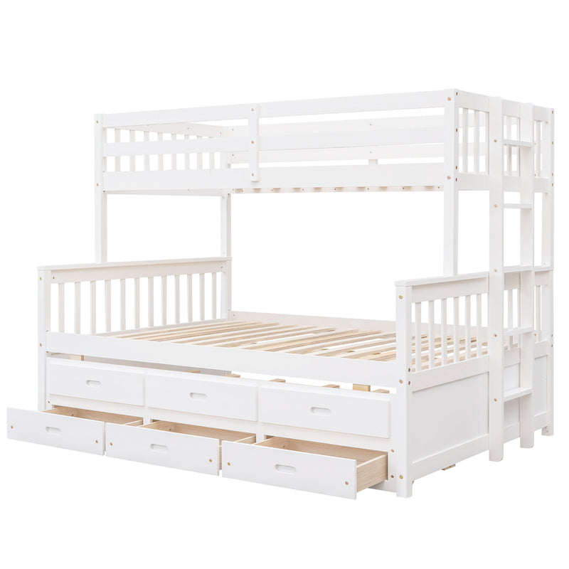 DreamHaus bunk bed with twin size trundle and built-in drawers, featuring a sturdy wooden frame and space-saving design.