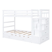 White DreamHaus twin over twin bunk bed with staircase and trundle, showcasing the sturdy frame and clean design in a bedroom setting.