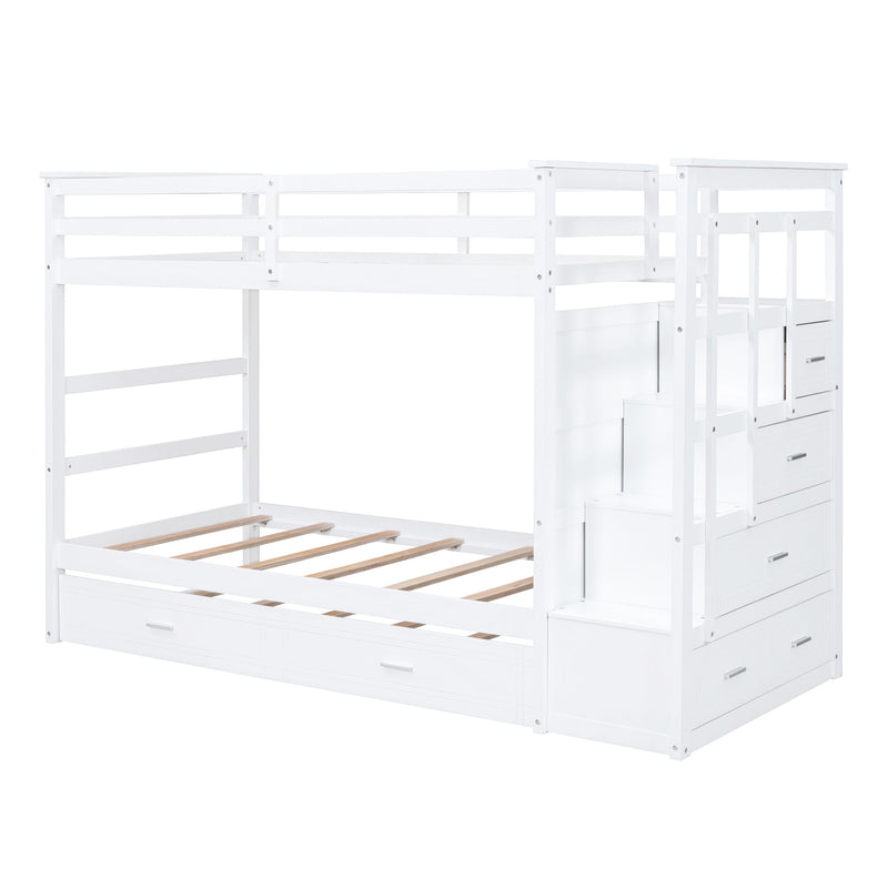 White DreamHaus twin over twin bunk bed with staircase and trundle, showcasing the sturdy frame and clean design in a bedroom setting.