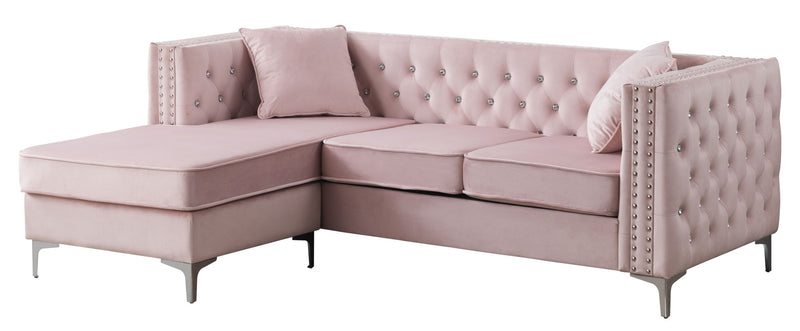 Glory Furniture Paige stationary sectional sofa with chaise, featuring plush cushions and modern design, in a cozy living room setting.