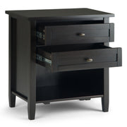 Warm Shaker handcrafted bedside table by Simpli-Home, featuring a classic accent nightstand with a warm wood finish and storage drawer.