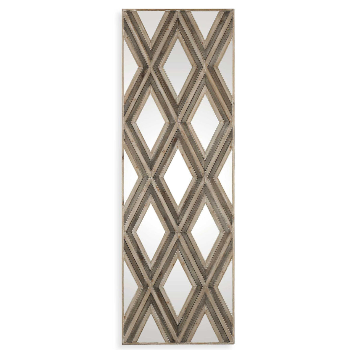 Uttermost Tahira wall mirror with geometric argyle pattern frame in light brown, decorative wall mirror for modern interiors