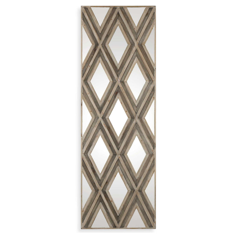 Uttermost Tahira wall mirror with geometric argyle pattern frame in light brown, decorative wall mirror for modern interiors