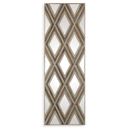 Uttermost Tahira wall mirror with geometric argyle pattern frame in light brown, decorative wall mirror for modern interiors