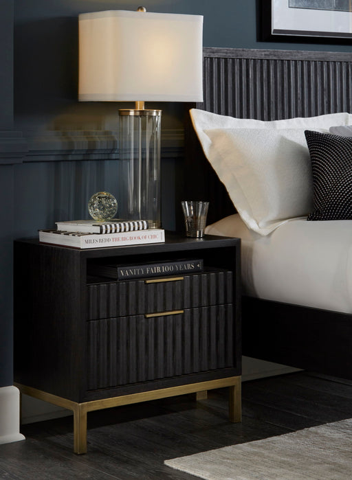 Modus Kentfield black drifted oak solid wood nightstand with two drawers, showcasing sleek design and natural wood grain.