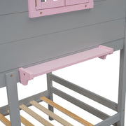 DreamHaus bunk bed with playhouse roof, window, and safety guardrails, ideal for kids' bedrooms and sleepovers