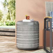 White cylindrical outdoor side table by Noble House, featuring a sleek design perfect for patio or garden decor.