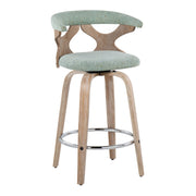 Set of two Lumi Source Gardenia mid-century modern fixed height counter stools with swivel seats, featuring sleek design and wooden legs.