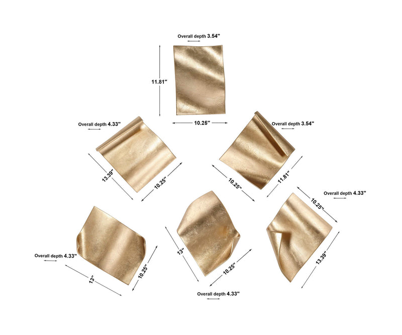 Set of six gold fluttering pages wall decor by Uttermost, stylish metal wall art with a dynamic, airy design for modern interiors.