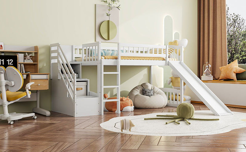 DreamHaus loft stairway bed with two drawers, convertible ladder, and slide, featuring a modern wood design for kids' bedroom.