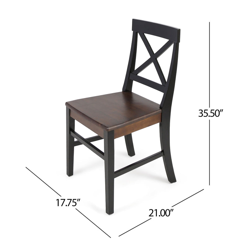Set of two Noble House Plethora dining chairs with X-shaped back design, modern wooden frame, and cushioned seats.