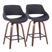 Set of two Lumi Source Fabrico mid-century modern counter stools with wooden seats and black metal legs.
