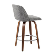 Set of two Lumi Source Toriano mid-century modern fixed height counter stools with round footrests, featuring sleek wooden seats and metal legs.
