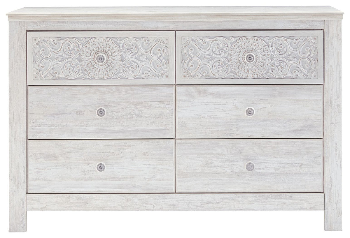 Paxberry - Six Drawer Dresser - Medallion Drawer Pulls - Whitewash - R&R Furniture Gallery (Fountain Valley, CA)