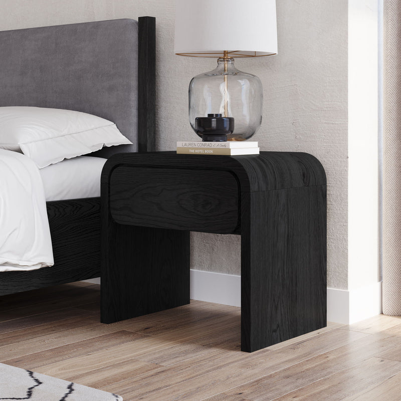 Modus Elora one drawer nightstand in Jet Black Ash featuring a sleek, modern design with a single drawer and smooth finish.
