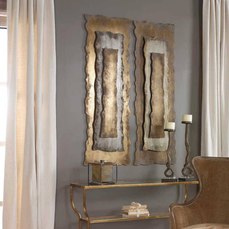 Uttermost Jaymes oxidized gold wall decor panel with intricate metal design for modern interior decoration.