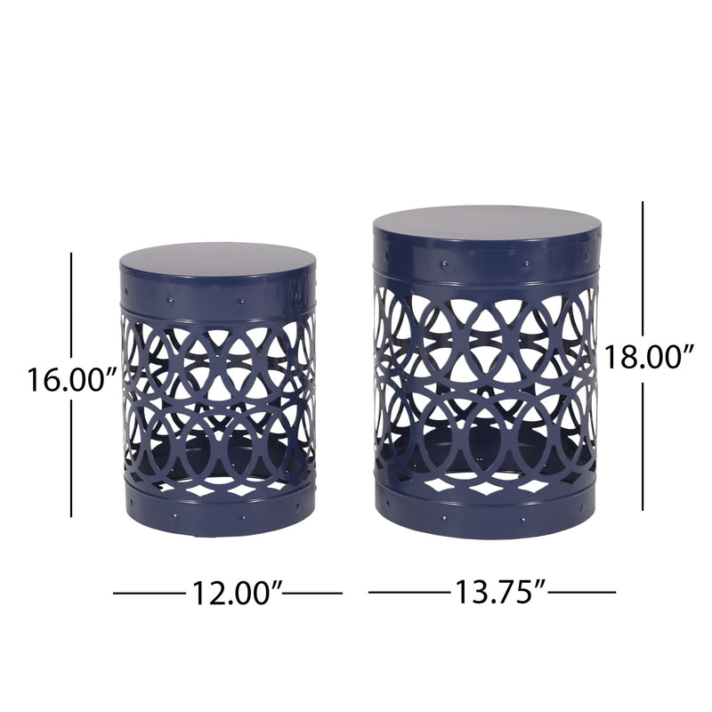 Set of two Noble House Delight powder-coated iron end tables with sleek, modern design and round tabletops.