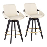 Lumi Source Cosmo contemporary fixed height counter stool set with swivel and round footrest, black upholstery and wooden legs.
