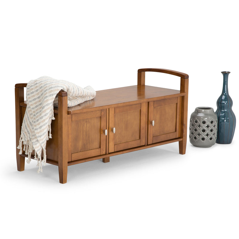 Handcrafted Warm Shaker entryway storage bench by Simpli-Home with wooden finish and cushioned seat, ideal for seating and organization.