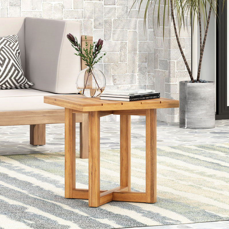 Noble House Ella square side table with cross stretcher base, featuring a sleek wooden surface and modern design.