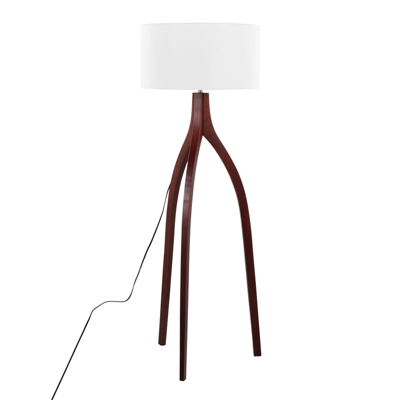 Lumi Source Wishbone contemporary floor lamp with sleek design and adjustable arm, standing on a flat base in a modern living room.
