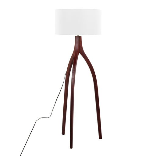 Lumi Source Wishbone contemporary floor lamp with sleek design and adjustable arm, standing on a flat base in a modern living room.