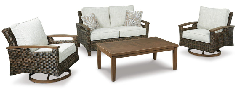 Medium brown Signature Design by Ashley Paradise Trail loveseat with cushion, showcasing soft fabric and cozy seating for living room.