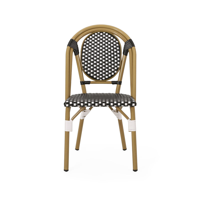 Noble House outdoor rattan and aluminum French bistro chair set with woven rattan seats and sleek metal frames.