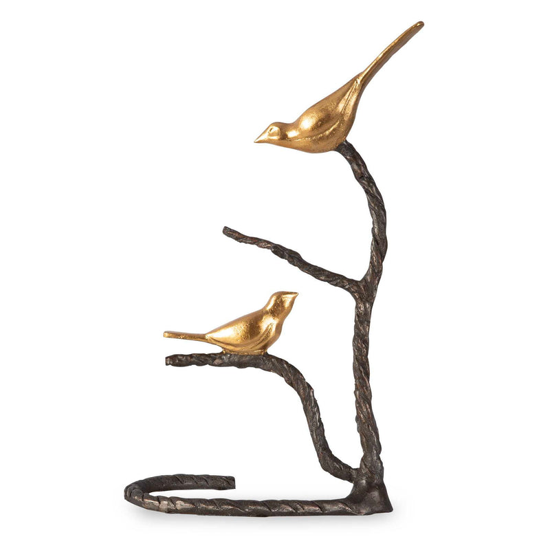 Black and gold "Birds On A Limb" sculpture by Uttermost, featuring detailed bird figurines perched on a branch.