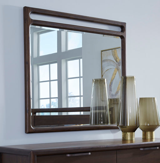 Modus Sol beveled glass wall or dresser mirror in brown spice with a sleek, standalone design reflecting light and room decor.