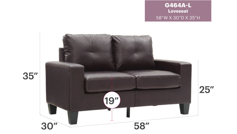 Glory Furniture Newbury track arm loveseat in cozy fabric, featuring plush cushions and a sleek, modern design for comfortable living spaces.