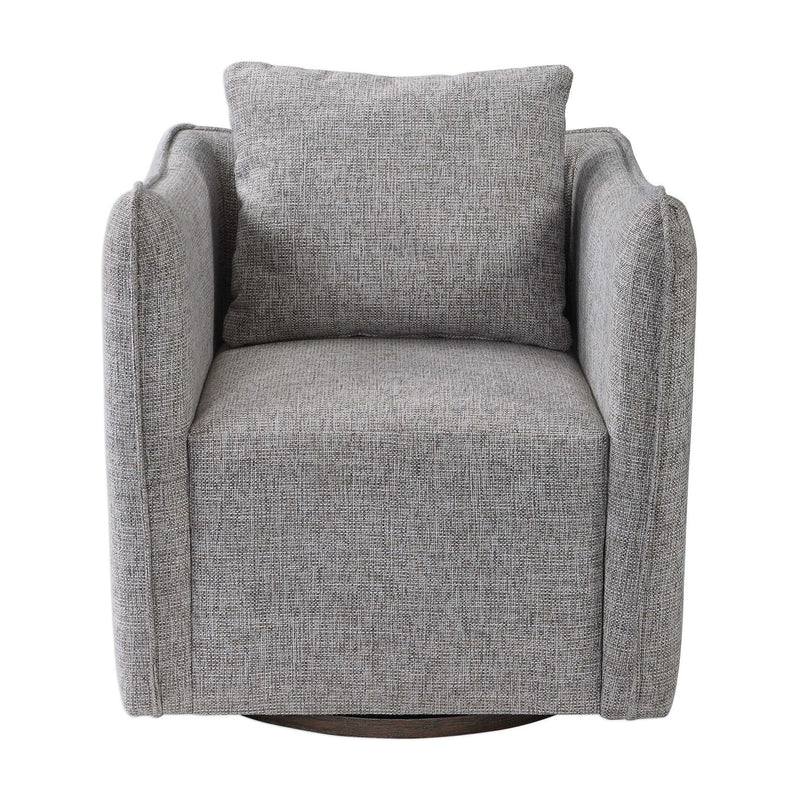 Uttermost Corben swivel chair with plush fabric upholstery and modern design, shown from a side angle.