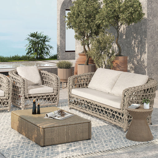 Everly - Frame Barrel Deep Seating Patio Loveseat Sofa Axroma Olefin - Oat Beige - R&R Furniture Gallery (Fountain Valley, CA)