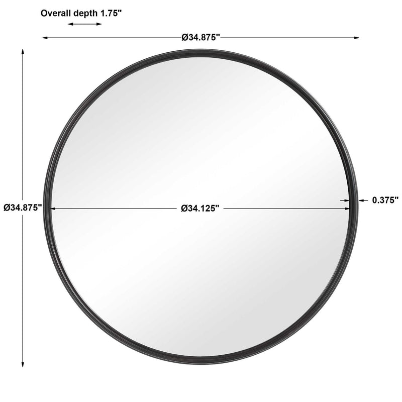 Round black iron wall mirror by Uttermost with a sleek, minimalist design and a smooth circular frame.