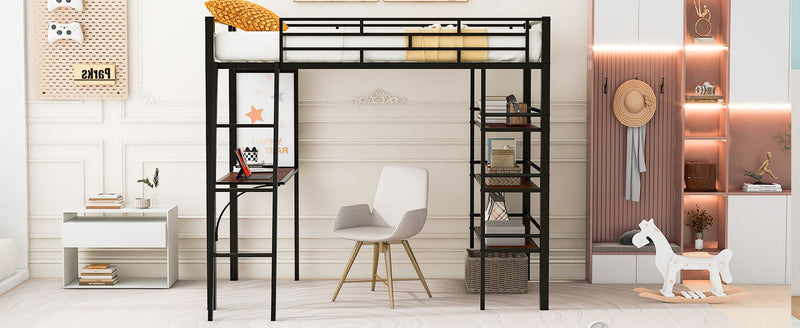 Loft Metal Bed With 3 Layers Of Shelves And Desk, Stylish Metal Frame Bed With board - R&R Furniture Gallery (Fountain Valley, CA)