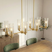 Willow - 8 Lights Island With Clear Ribbed Pendant Lamp Satin - Antique Brass / Clear / Gold - R&R Furniture Gallery (Fountain Valley, CA)