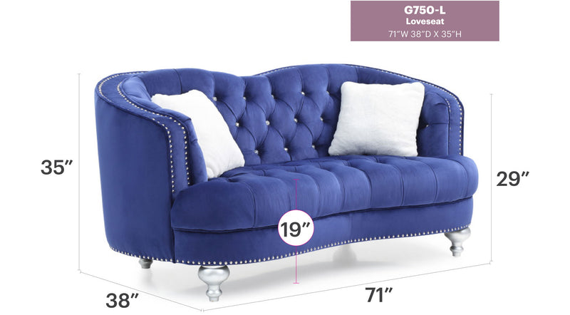 Glory Furniture Jewel loveseat, stationary loveseat with plush fabric upholstery and elegant design, perfect for cozy living rooms.