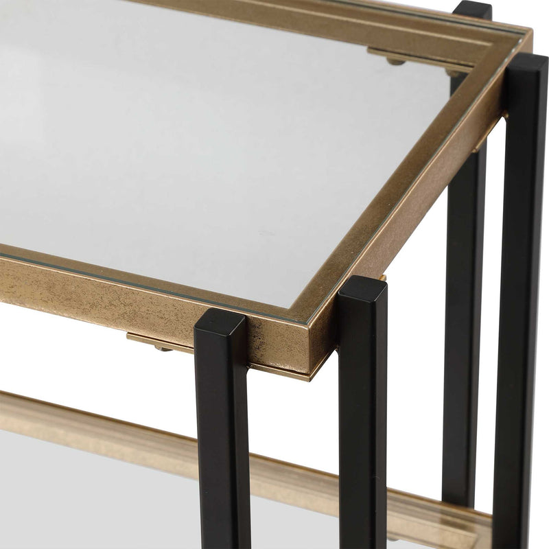 Uttermost Kentmore glass console table with sleek rectangular glass top and modern metal frame, ideal for entryways or living rooms.