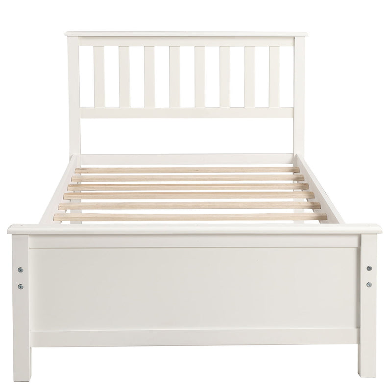 DreamHaus platform bed with wooden headboard, footboard, and slat support, showcasing a modern bedroom setup.