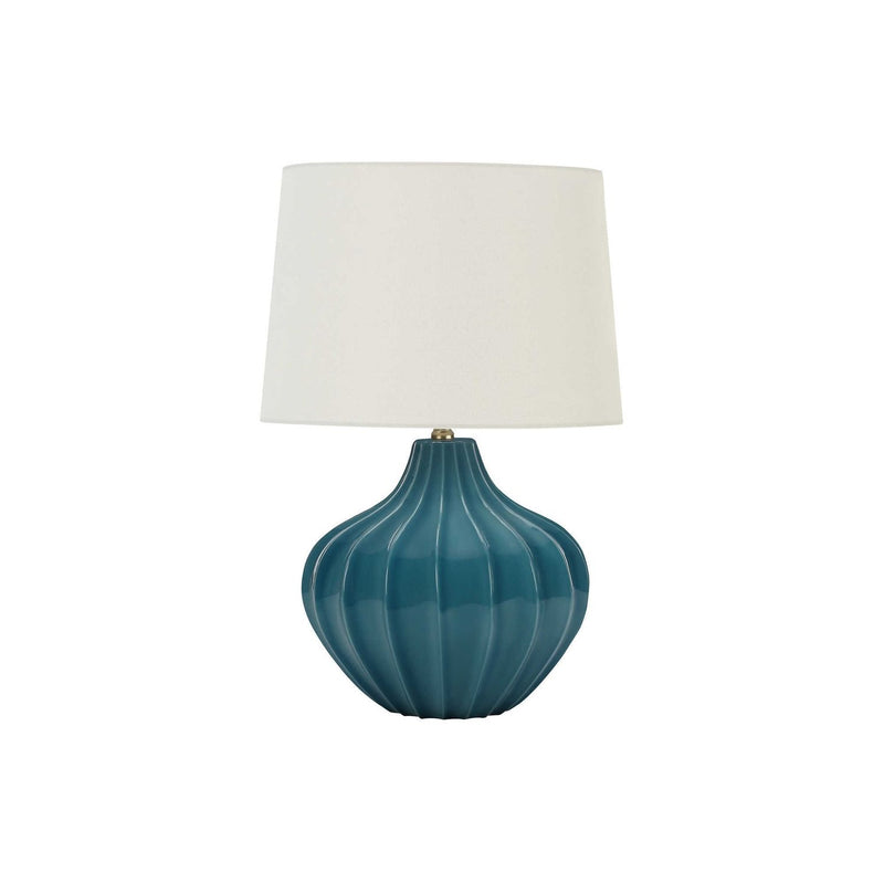 Blue ceramic transitional table lamp by 8th Street with a sleek, modern design and a fitted lampshade for stylish lighting.