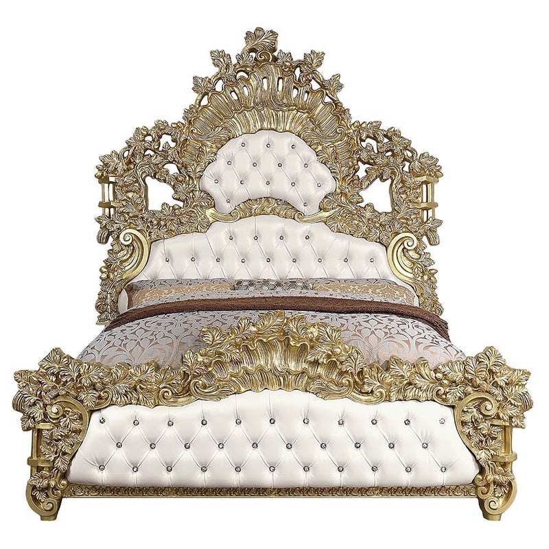 Bernadette - Eastern King Bed - White Synthetic Leather Fabric & Gold - R&R Furniture Gallery (Fountain Valley, CA)