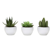 Set of three artificial succulent plants from 8th Street, featuring realistic green and rosette-shaped foliage in decorative pots.