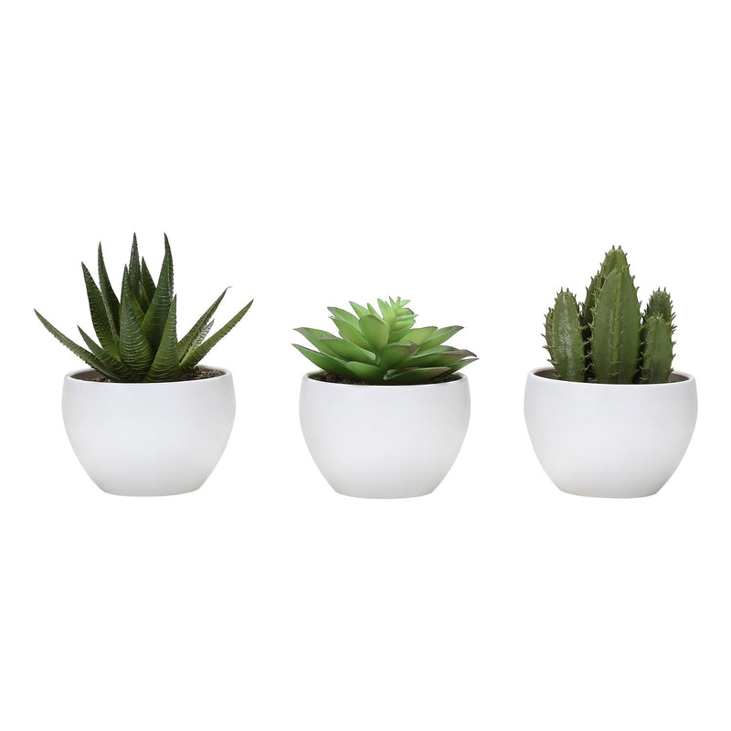 Set of three artificial succulent plants from 8th Street, featuring realistic green and rosette-shaped foliage in decorative pots.