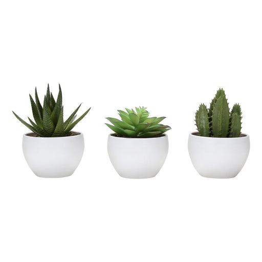 Set of three artificial succulent plants from 8th Street, featuring realistic green and rosette-shaped foliage in decorative pots.