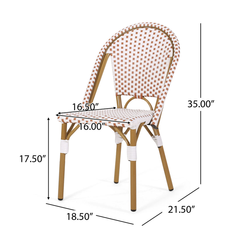 Set of two outdoor rattan and aluminum French bistro chairs by Noble House, featuring woven rattan seats and sleek metal frames.